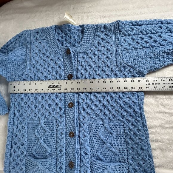 Kilronan Knitwear Womens Blue Merino Wool Cable-Knit Cardigan Sweater Pockets - Picture 6 of 7